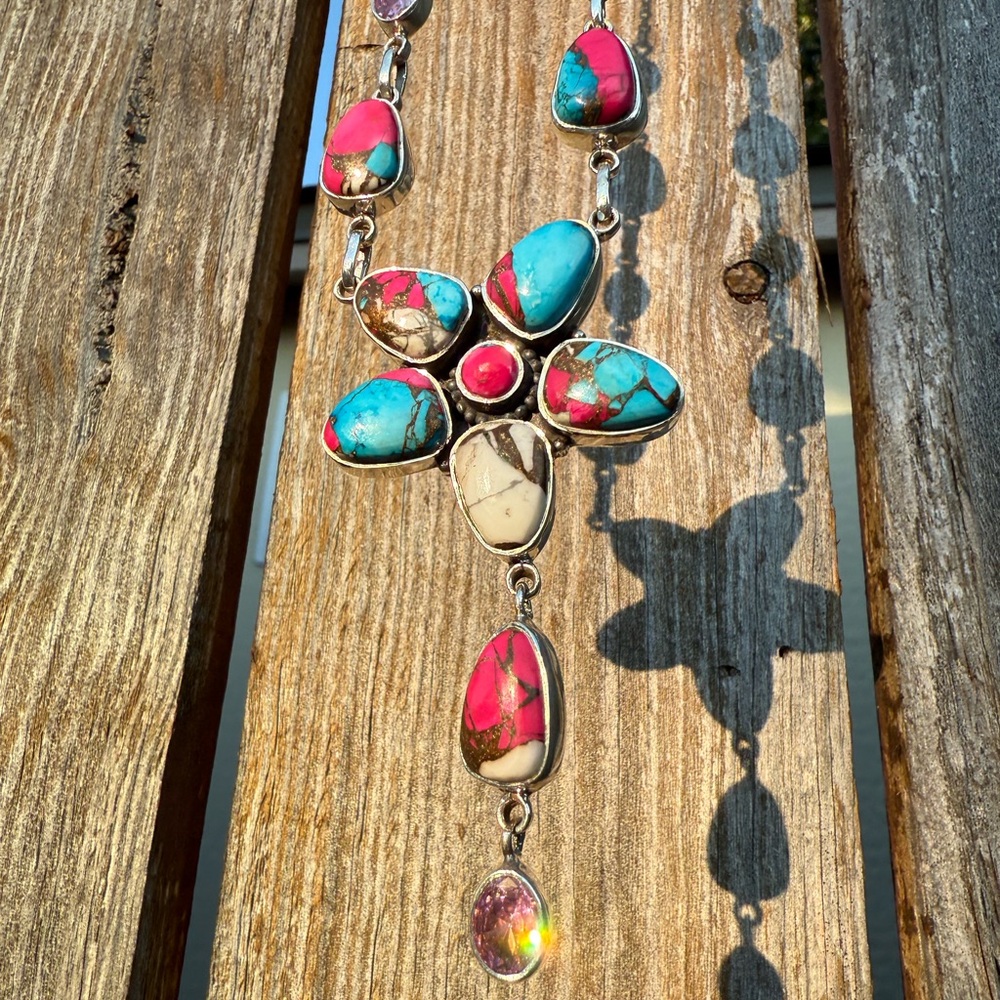 Cotton Candy Turquoise With CZ Crystals Colorful Stone Sterling Necklace 925